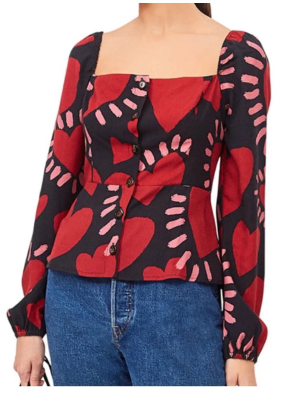 Farm Rio Red & Black Lyocell Long Sleeve Button Front Blouse Top Sz. S
